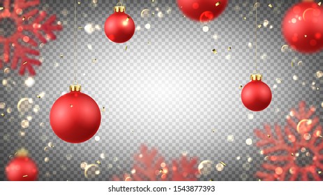 Christmas holiday background with red balls. Vector illustration with realistic balls, snowflakes, golden confetti and bokeh with blur effect on transparent background.