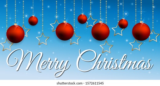 Christmas holiday background with red balls and gold stars on gold chains with highlights.