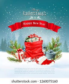 Christmas holiday background with a red sack full presents. Vector.