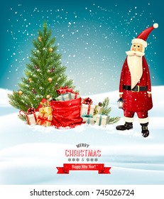 Christmas holiday background with a red sack with presents and Santa Claus. Vector.