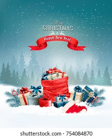 Christmas holiday background with a red sack full presents. Vector.