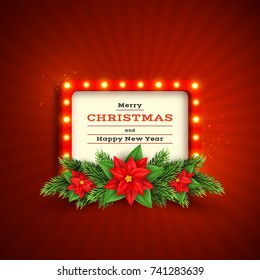 Christmas holiday background with retro frame, fir-tree and poinsettia . Merry Christmas and happy new year. Vector illustration.