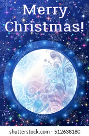 Christmas Holiday Background, Round Porthole Window on Blue Wall with Winter Abstract Floral Pattern, Magic Sparks, Light Snowflakes, Confetti and Place for Text. Eps10 Contains Transparencies. Vector