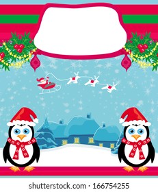 christmas holiday background with santa claus ,reindeer and cute penguins