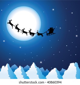 christmas holiday background with santa claus and deers flying over mountains