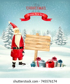 Christmas holiday background with Santa Claus and wooden sign. Vector illustration