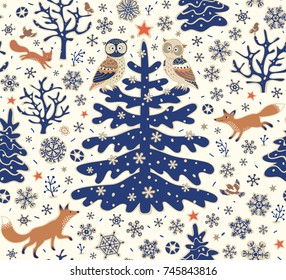Weihnachtsferien-Hintergrund.Nahtloses Muster. Eulen, Füchse, Eichhörnchen, Weihnachtsbaum, Sterne und Schneeflocken. Winterwaldgrafik.