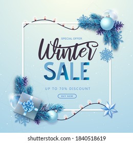 Christmas holiday background with silver fir tree, snowflakes, lights, pine cones and gift boxes. Winter big sale poster.