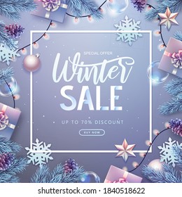 Christmas holiday background with silver fir tree, snowflakes, lights, pine cones and gift boxes. Winter big sale poster.