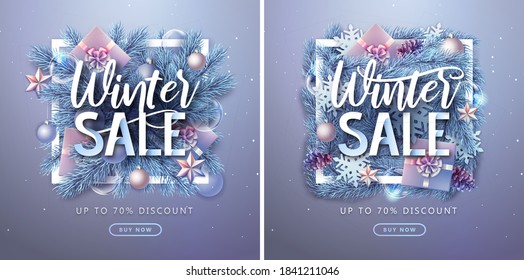 Christmas holiday background with silver fir tree, snowflakes, lights, christmas toys and gift boxes. Winter big sale poster.