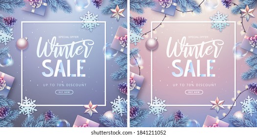 Christmas holiday background with silver fir tree, snowflakes, lights, pine cones and gift boxes. Winter big sale poster.