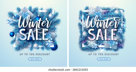 Christmas holiday background with silver fir tree, snowflakes, pine cones and gift boxes. Winter big sale poster.