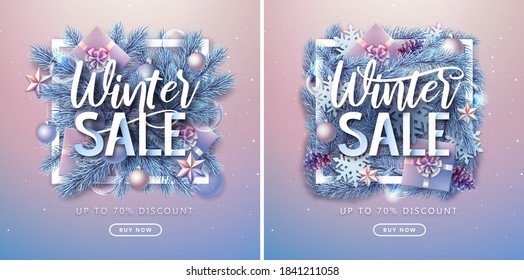 Christmas holiday background with silver fir tree, snowflakes, lights, pine cones and gift boxes. Winter big sale poster.