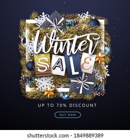 Christmas holiday background with silver fir tree, snowflakes, pine cones and gift boxes. Winter big sale poster.
