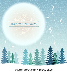 Christmas holiday background, snow night with blue full moon. File contains Transparency, Gradients, Clipping mask, Blending tool.