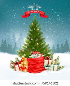 Christmas holiday background with a tree and a colorful gift boxes. Vector