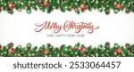 Christmas holiday background. Christmas tree frame. Red ornaments and colorful Christmas lights. Glitter decoration. Merry Christmas calligraphy. For winter holiday headers, banners, party posters.