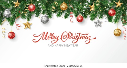 Christmas holiday background. Christmas tree frame with ornaments, stars. Gold and red glitter Christmas decoration.Merry Christmas hand written text.For winter holiday headers, banners, party posters