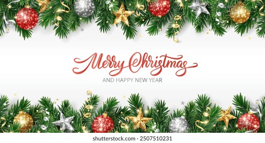 Christmas holiday background. Christmas tree frame with ornaments, stars. Gold and red glitter Christmas decoration. Merry Christmas hand written text.For winter holiday headers, banners, party poster