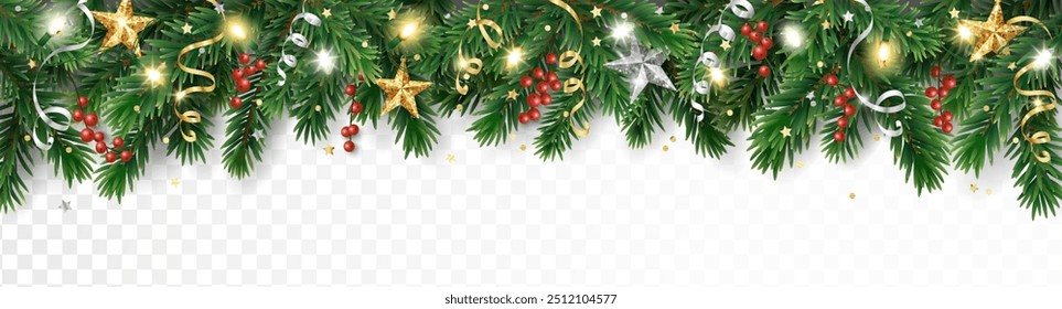 Christmas holiday background. Christmas tree frame with holly berries, stars. Gold and red glitter decoration. For headers, banners, party posters. Transparent background can be removed in vector file