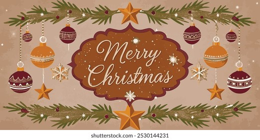 Navidades de fondo de vacaciones. Marco de árbol de Navidad con adornos, estrellas. Decoración de la esquina de las Navidades del oro y del brillo rojo. Texto escrito a mano de las Navidades felices. Para los encabezados de vacaciones, Anuncios, carteles del partido