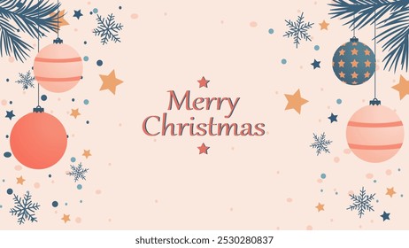 Christmas holiday background. Christmas tree frame with decorations, stars. Christmas balls decoration with gold and red glitter. Merry Christmas text. For holiday headers, banners, party posters.