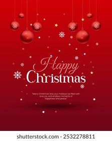 Christmas holiday background. Christmas tree frame with ornaments, stars. Gold and red glitter Christmas corner decoration symbols and text, balls, snowflakes