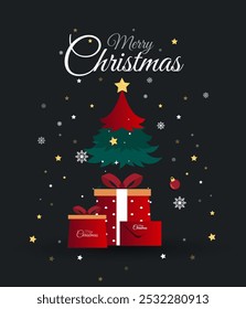 Christmas holiday background. Christmas tree frame with ornaments, stars. Gold and red glitter Christmas corner decoration.Merry Christmas symbols and text, balls, snowflakes