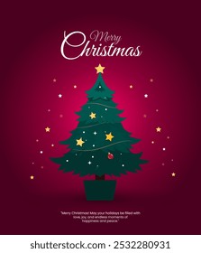 Navidades de fondo de vacaciones. Marco de árbol de Navidad con adornos, estrellas. Decoración de la esquina de las Navidades del oro y del brillo rojo. Símbolos y texto felices de las Navidades, bolas, copos de nieve