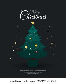 Christmas holiday background. Christmas tree frame with ornaments, stars. Gold and red glitter Christmas corner decoration.Merry Christmas symbols and text, balls, snowflakes