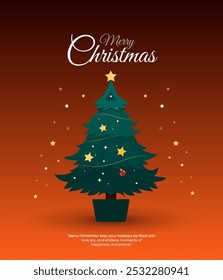 Fundo de Natal. Moldura de árvore de Natal com enfeites, estrelas. Ouro e vermelho brilho Natal canto decoração.Feliz Natal símbolos e texto, bolas, flocos de neve