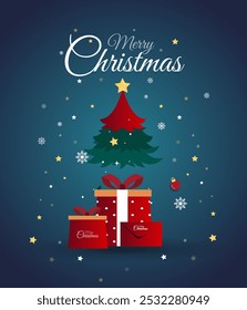 Navidades de fondo de vacaciones. Marco de árbol de Navidad con adornos, estrellas. Decoración de la esquina de las Navidades del oro y del brillo rojo. Símbolos y texto felices de las Navidades, bolas, copos de nieve