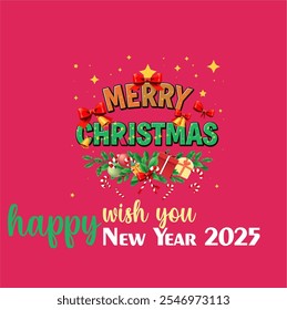 Christmas holiday background. Christmas tree frame. Red ornaments and colorful Christmas lights. stars decoration. Christmas 2025 calligraphy. For winter holiday headers, banners, party posters, cards