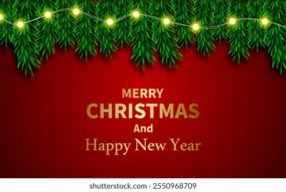 Christmas holiday background. Christmas tree frame. Red ornaments and Christmas lights.