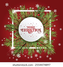 Christmas holiday background. Christmas tree frame. Red ornaments and colorful Christmas lights. Glitter decoration. Merry Christmas calligraphy. For winter holiday headers, banners, party posters.