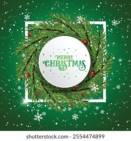 Christmas holiday background. Christmas tree frame. Red ornaments and colorful Christmas lights. Glitter decoration. Merry Christmas calligraphy. For winter holiday headers, banners, party posters.