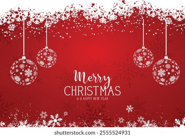 Christmas holiday background. Christmas tree frame. Red ornaments and colorful Christmas lights. Glitter decoration. Merry Christmas calligraphy. For winter holiday headers, banners, party posters.