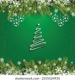 Christmas holiday background. Christmas tree frame. Red ornaments and colorful Christmas lights. Glitter decoration. Merry Christmas calligraphy. For winter holiday headers, banners, party posters.
