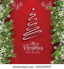 Christmas holiday background. Christmas tree frame. Red ornaments and colorful Christmas lights. Glitter decoration. Merry Christmas calligraphy. For winter holiday headers, banners, party posters.