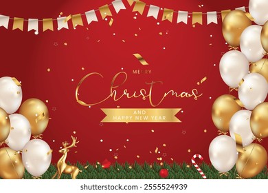 Christmas holiday background. Christmas tree frame. Red ornaments and colorful Christmas lights. Glitter decoration. Merry Christmas calligraphy. For winter holiday headers, banners, party posters.