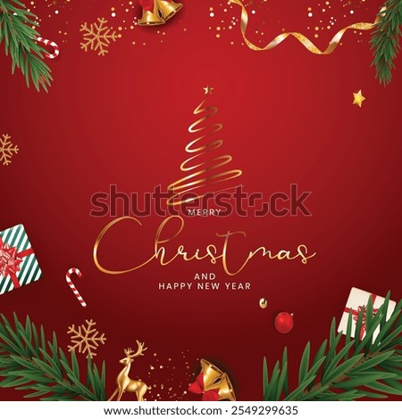 Christmas holiday background. Christmas tree frame. Red ornaments and colorful Christmas lights. Glitter decoration. Merry Christmas calligraphy. For winter holiday headers, banners, party posters.