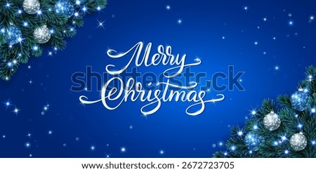 Christmas holiday background. Christmas tree frame with ornaments, Christmas lights. Blue and white glitter corner decoration. Merry Christmas calligraphy.For New year banners, party posters