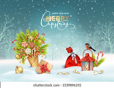 Christmas holiday background. Vector winter landscape. Red sack, gifts, Christmas decorations, a bird and waffle cone with coniferous branches in the snow