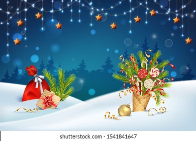 Christmas holiday background. Vector winter night landscape with light bulb garland. Red sack, gifts and waffle cone with coniferous branches in the snow