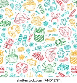 Christmas Holiday background. Vector Xmas Seamless pattern. Hand Drawn Doodle Christmas festive knitted clothes, gift boxes, sweets, gingerbread cookies, mulled wine, spice. 