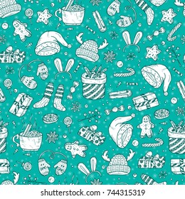 Christmas Holiday background. Vector Xmas Seamless pattern. Hand Drawn Doodle Christmas festive knitted clothes, gift boxes, sweets, gingerbread cookies, mulled wine, spice. 