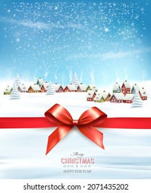 Christmas Holiday Background with a Village Landscape and red ribbon. Vector illustration.