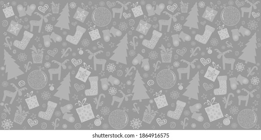 Christmas holiday background. Vintage Merry Christmas And Happy New Year seamless pattern with gift boxes, deer, Christmas ball, Xmas tree, mittens, stars, boots and snowflakes. Vector Illustration
