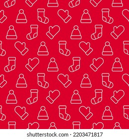 Christmas holiday background. winter clothes in Christmas colors. Hat, mittens and socks seamless pattern.Texture for fabric, wrapping, wallpaper