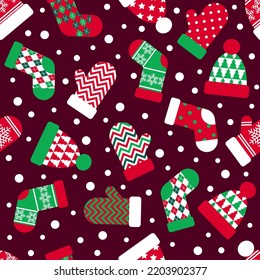 Christmas holiday background. winter clothes in Christmas colors. Hat, mittens and socks seamless pattern.Texture for fabric, wrapping, wallpaper